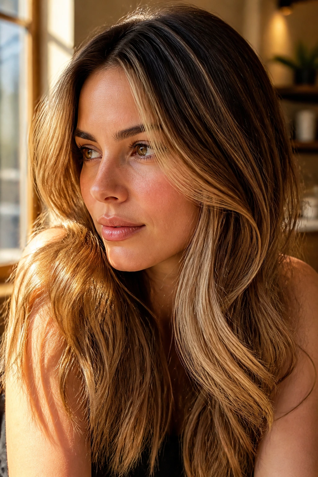 Honey blonde babylights on brunette close-up portrait