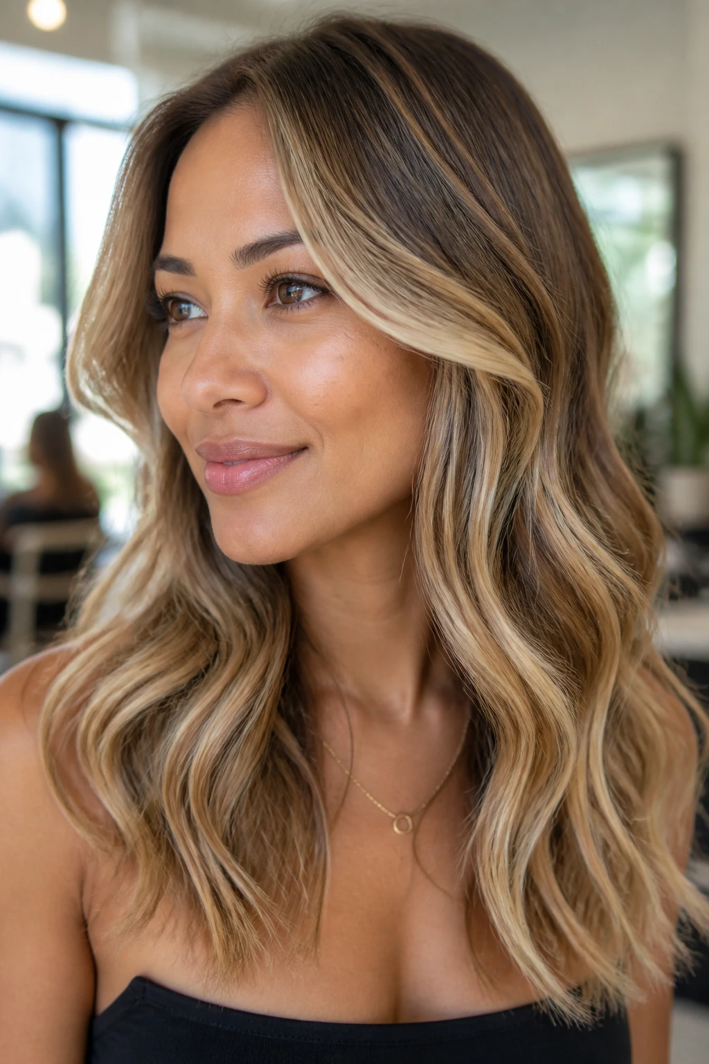 Real-woman portrait showcasing honey blonde balayage with face-framing lighter pieces