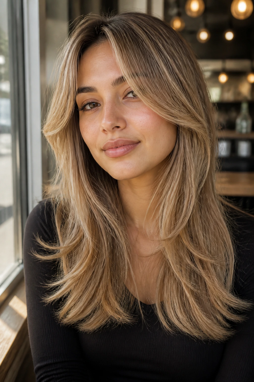 Portrait of a person with honey blonde curtain bangs and long layers in soft cafe light