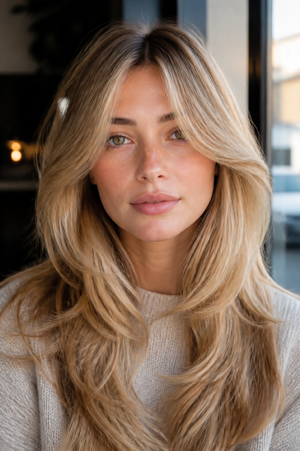 Close-up of a real person with honey-blonde curtain bangs and long layers.