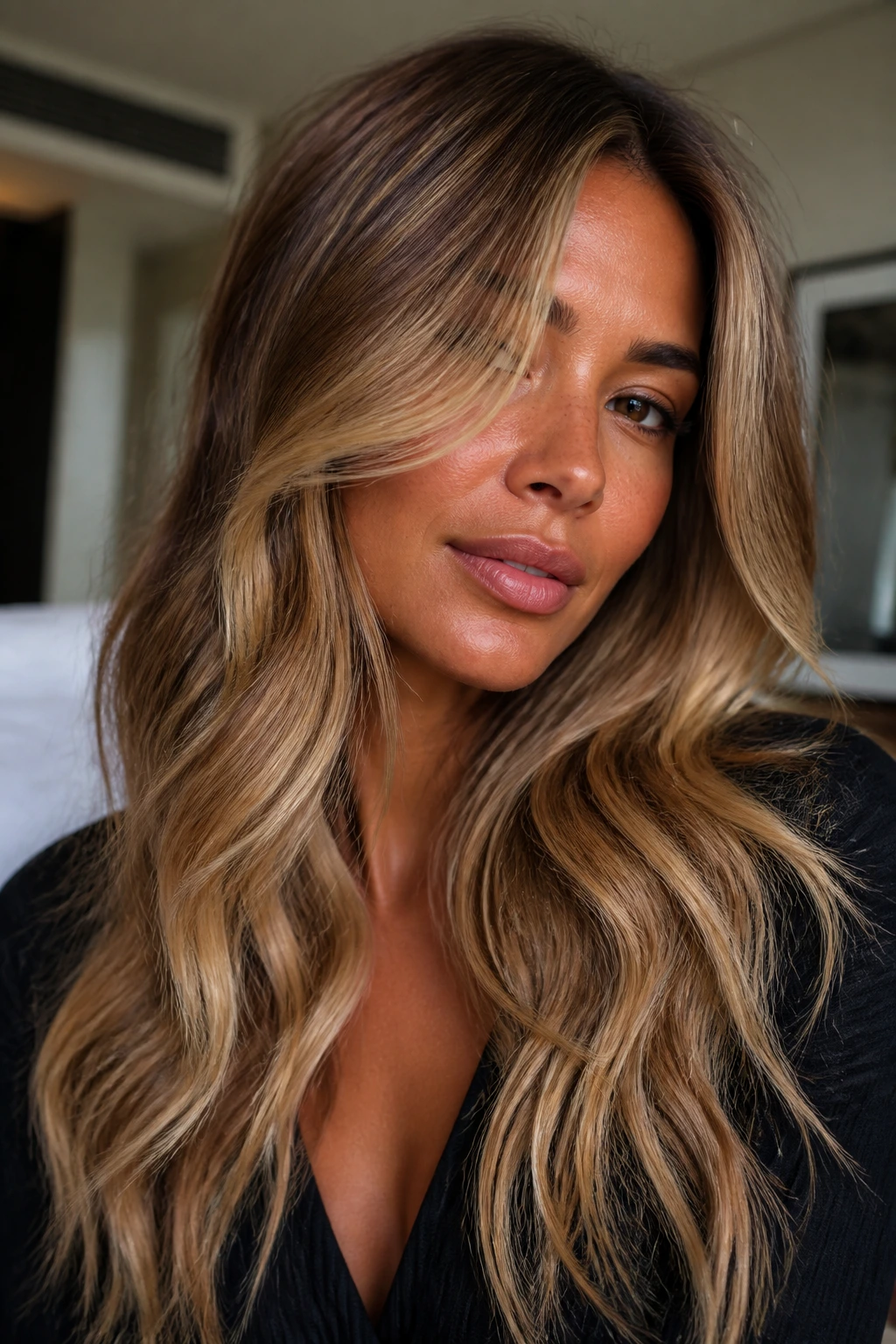 Portrait of a real woman showing beige honey, caramel bronze melt in honey blonde