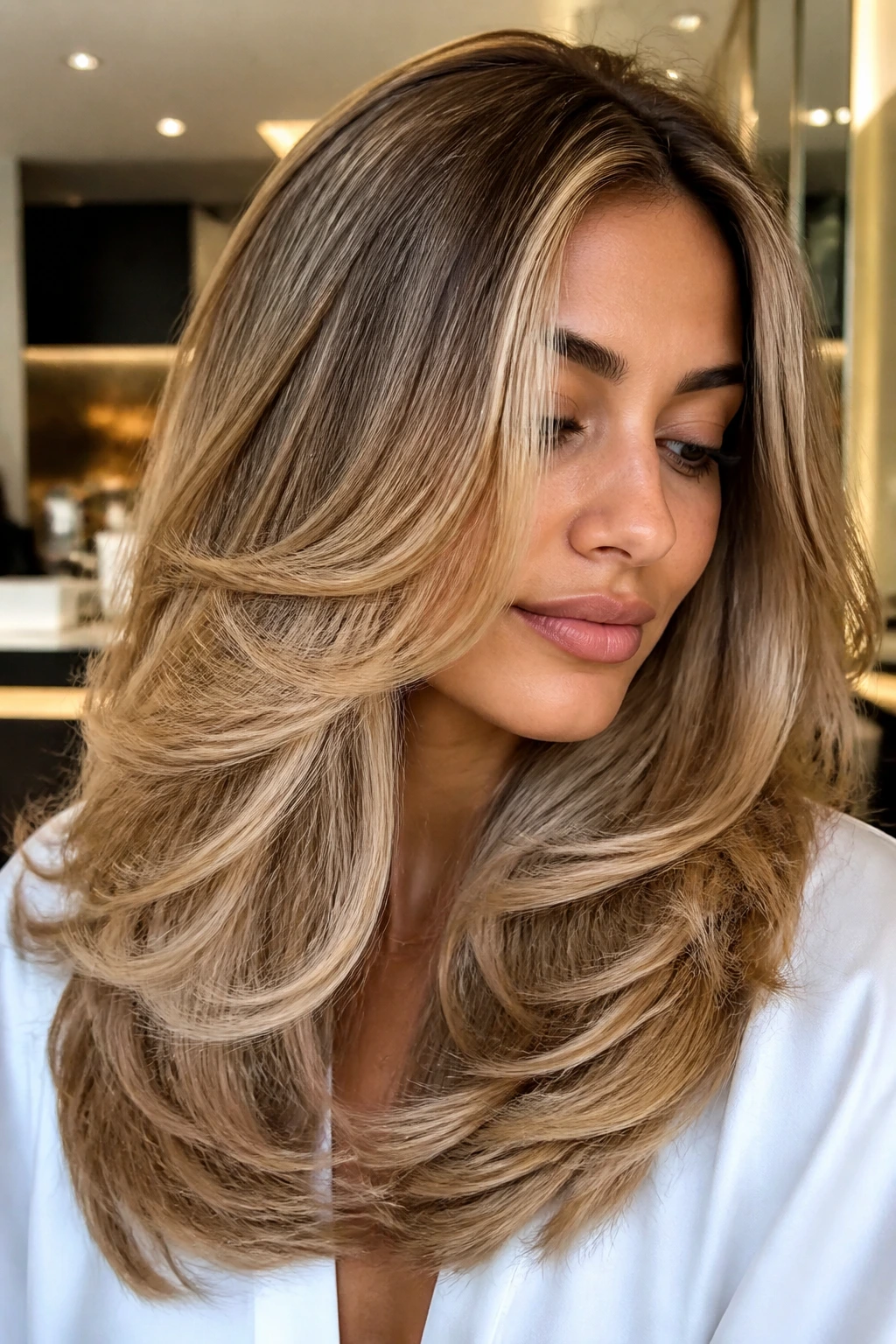 Honey blonde layered blowout on brunette base