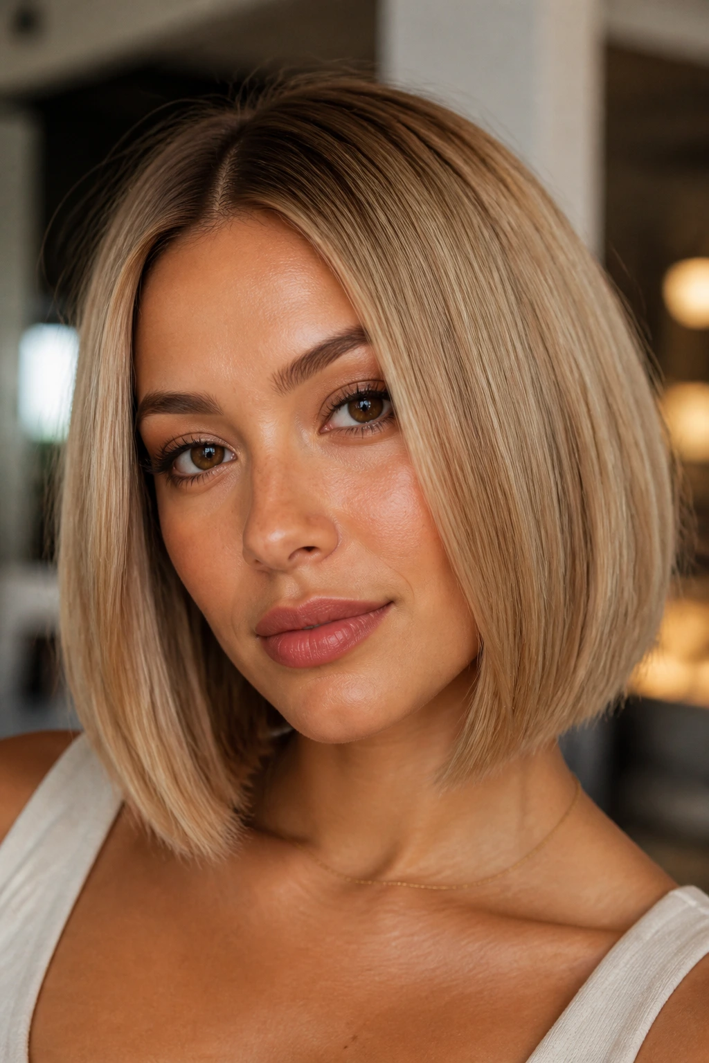 Real woman with honey blonde blunt bob in close-up portrait