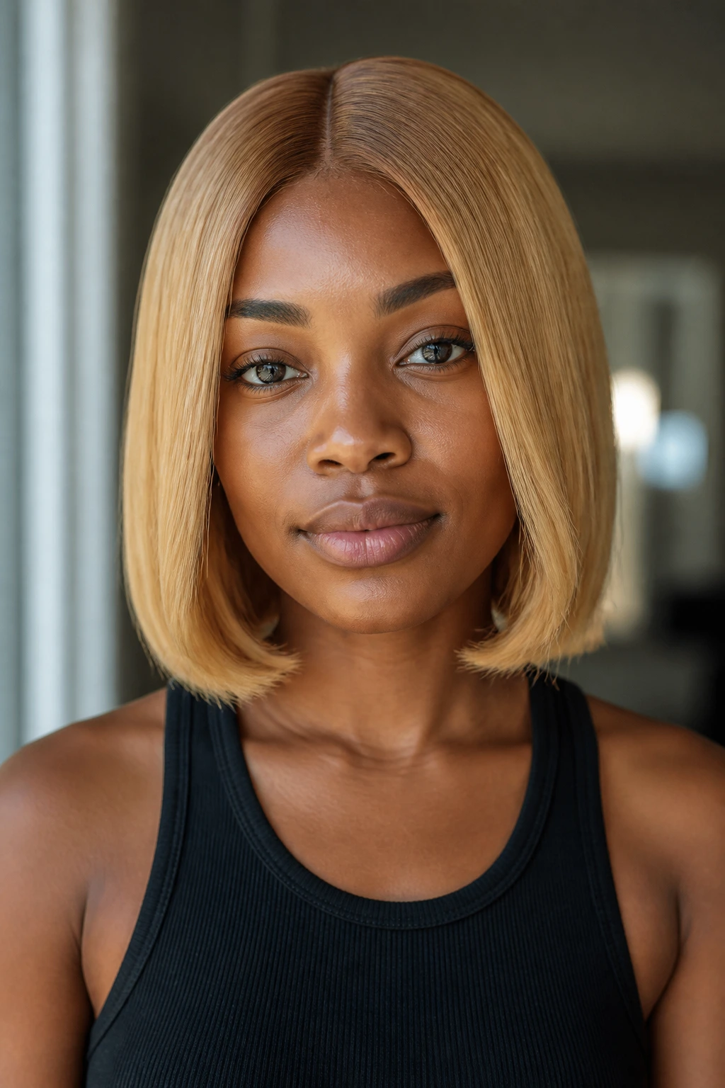 Close-up portrait of a real person with a full honey blonde blunt bob
