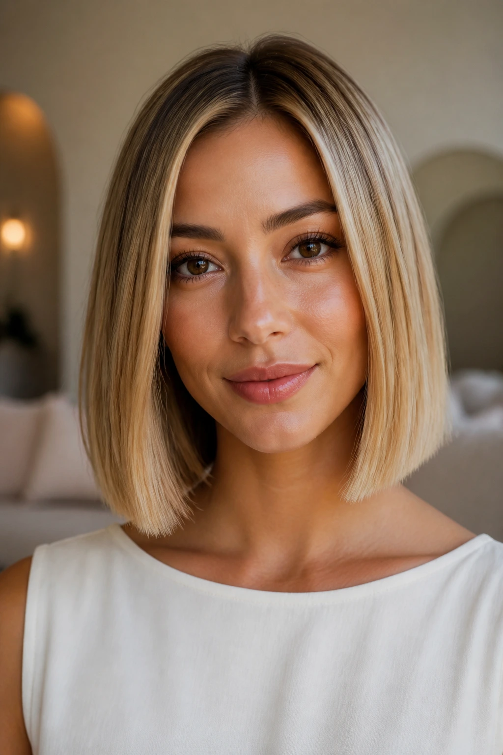 Close-up of a woman with honey blonde blunt lob in a warm salon setting
