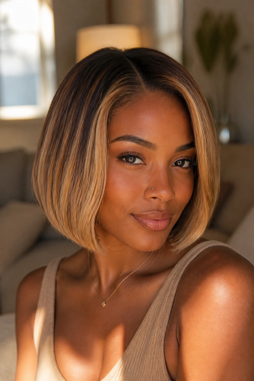 Close-up portrait of a real woman with a deep skin tone and a deep-rooted honey blonde bob in warm light.
