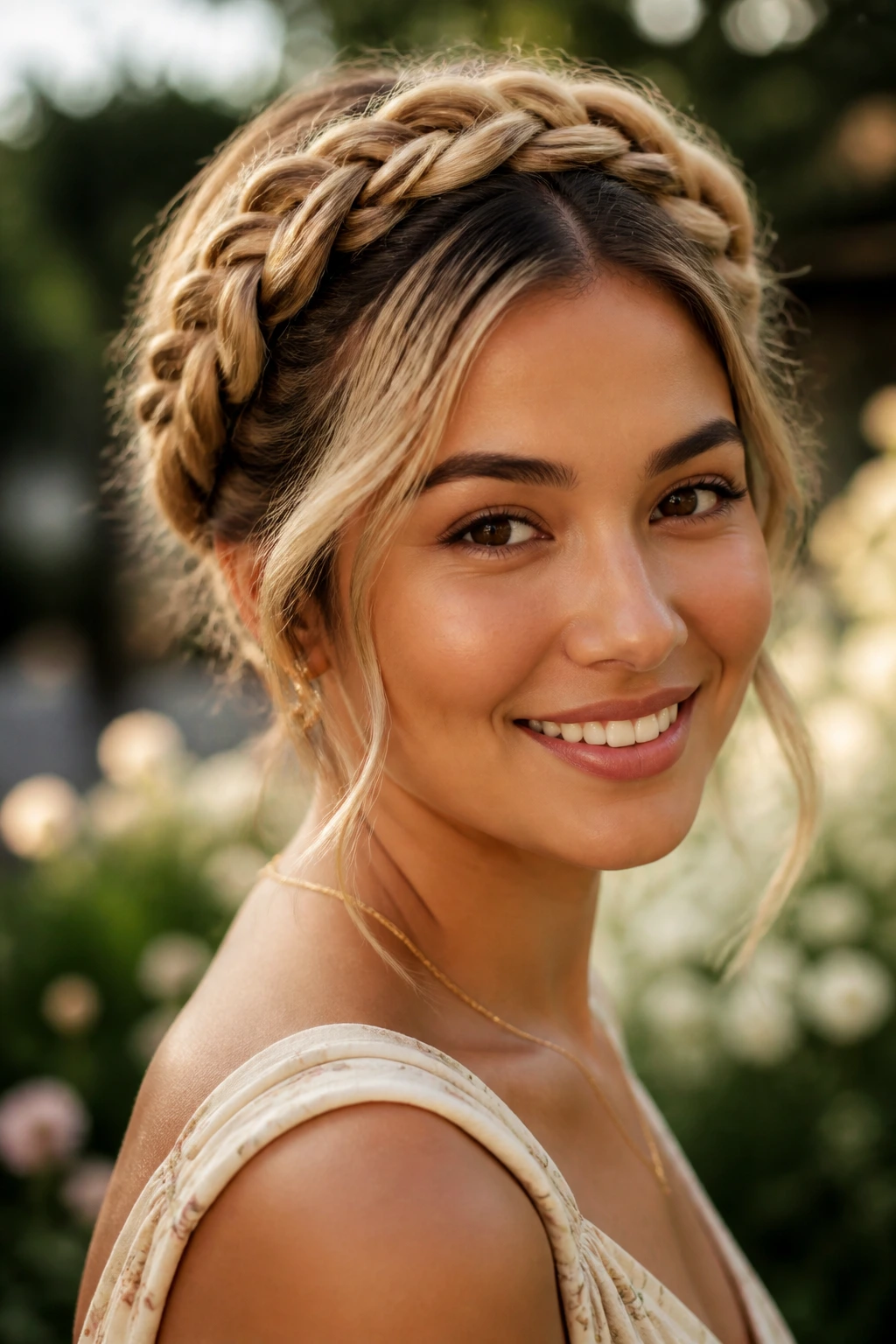 Close-up portrait of a real woman wearing a honey-blonde braided crown