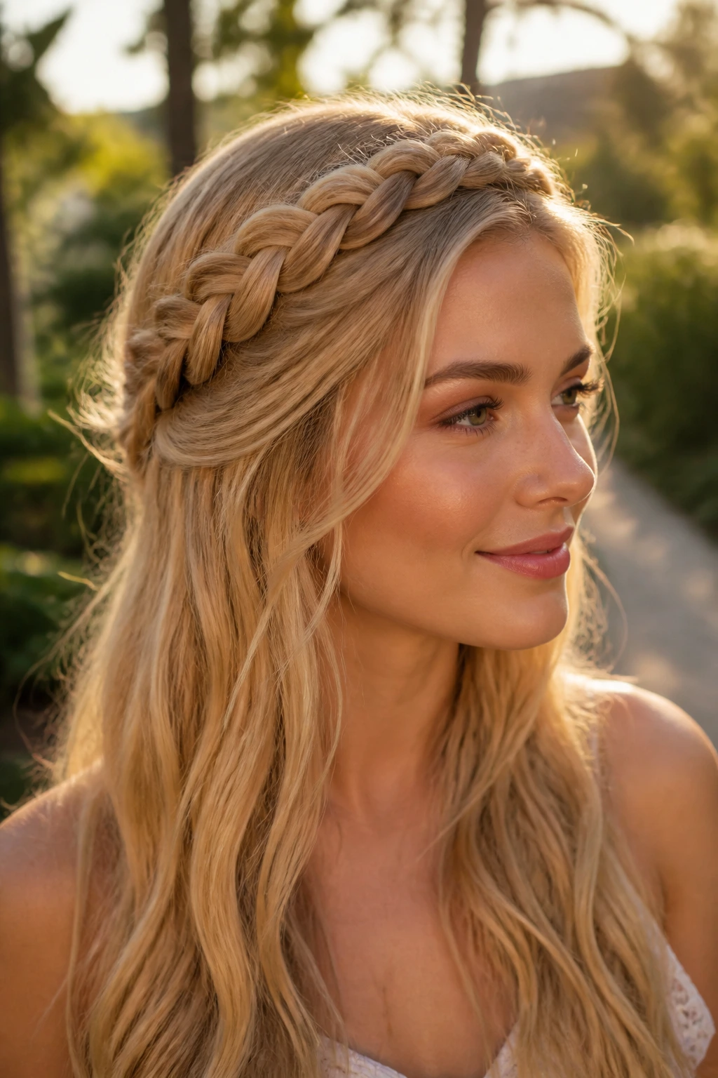 Close-up of a real woman with a honey blonde braided crown