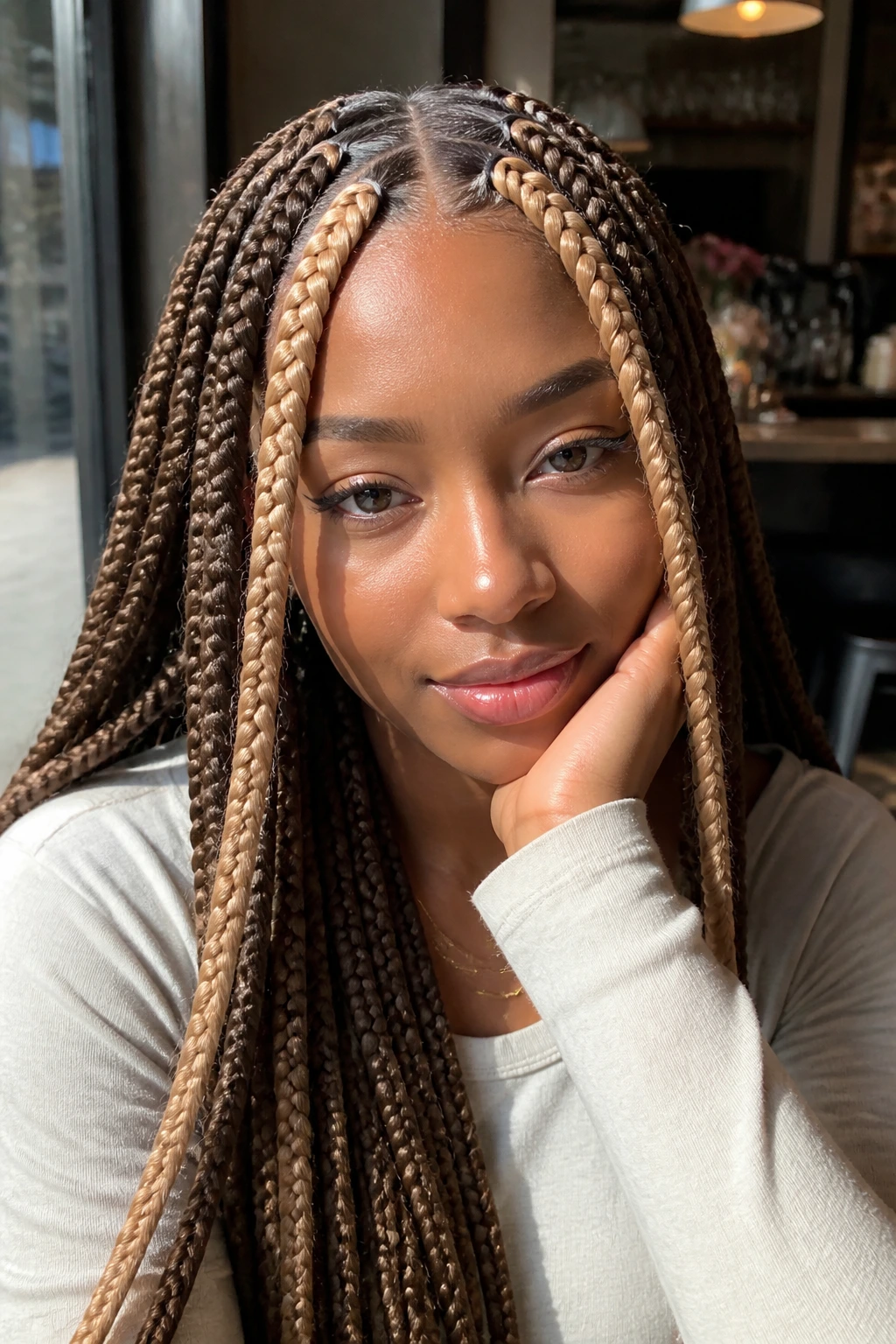 Close-up of honey-blonde front accents framing the face in jumbo braids on a real person