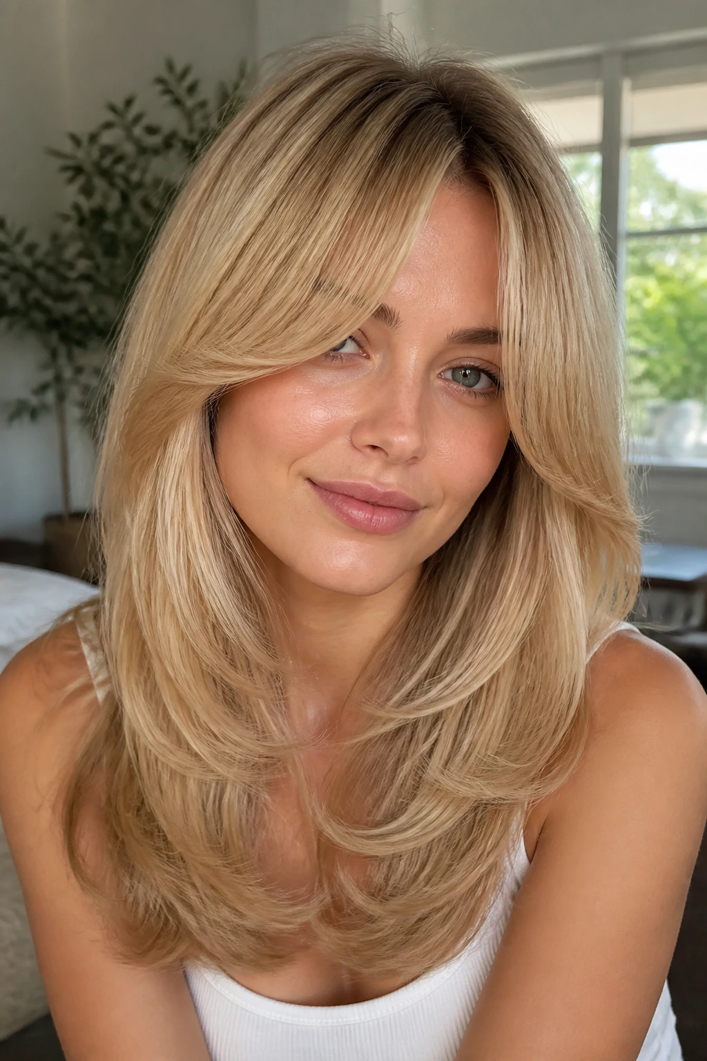 Portrait of a woman with honey blonde butterfly cut and curtain bangs
