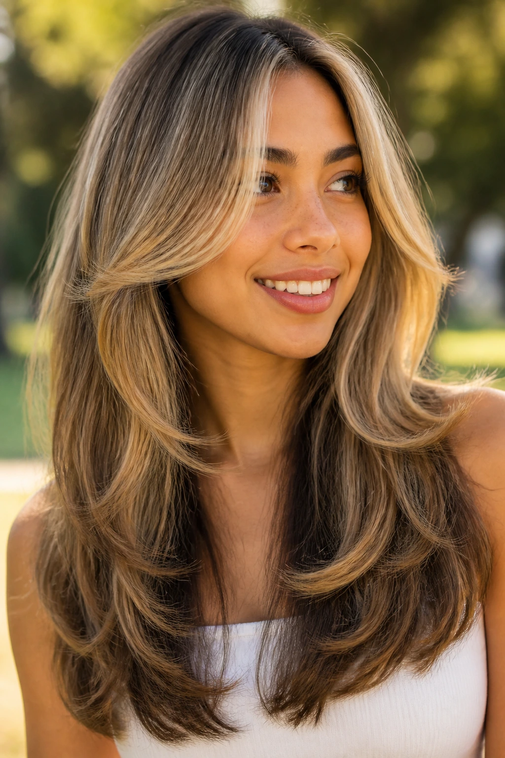 Close-up portrait of a real person with honey blonde butterfly layers and chestnut lowlights