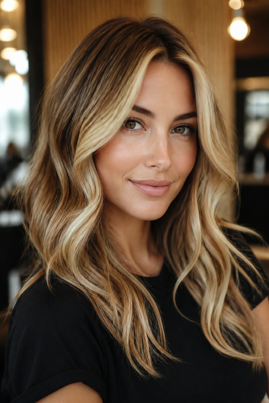 Real woman with honey blonde hair showing caramel roots and bright face-framing pieces in soft waves.