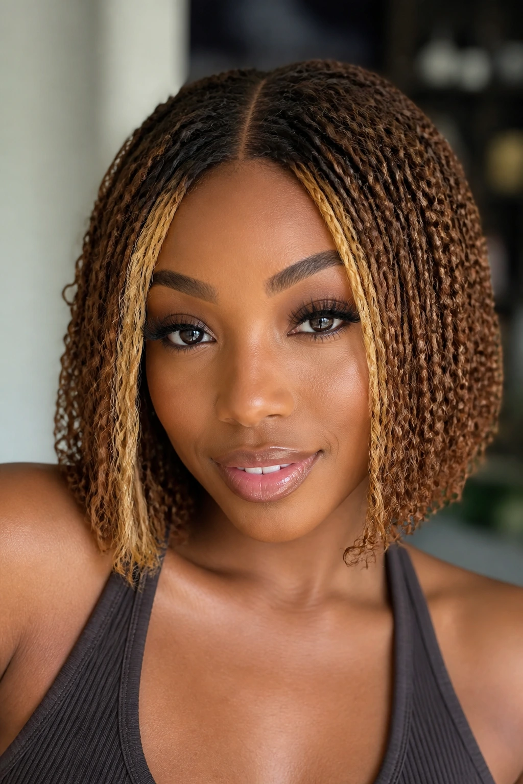 Close-up of honey-blonde crochet bob with center part on a real woman