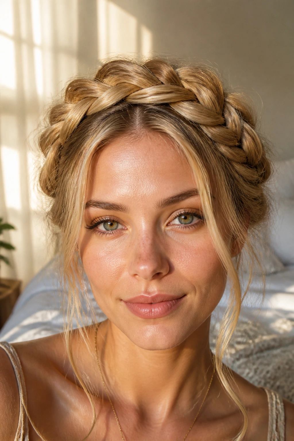 Close-up of honey blonde braided crown on a real woman in warm sunlight
