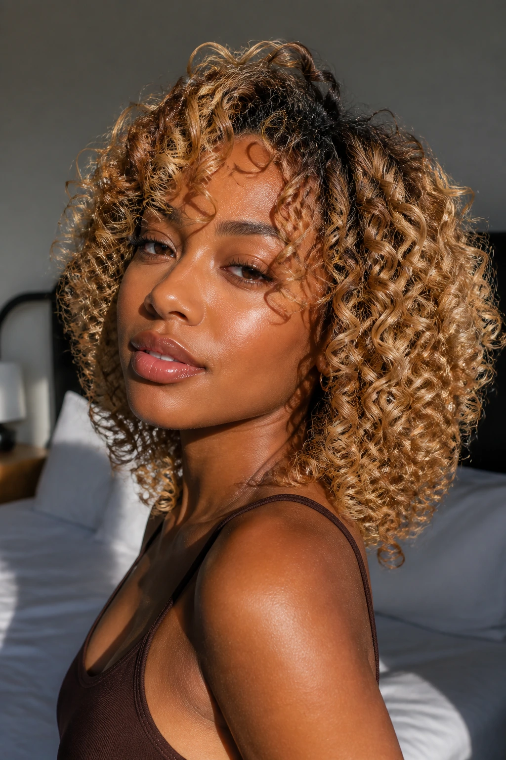 Close-up of a real person with honey blonde curls and a darker root.
