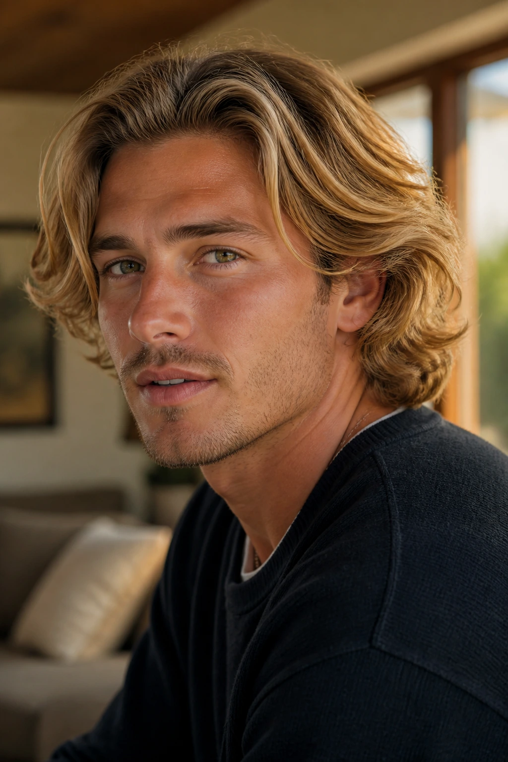Close-up of a real person with honey blonde bro flow and loose layers in curly hair