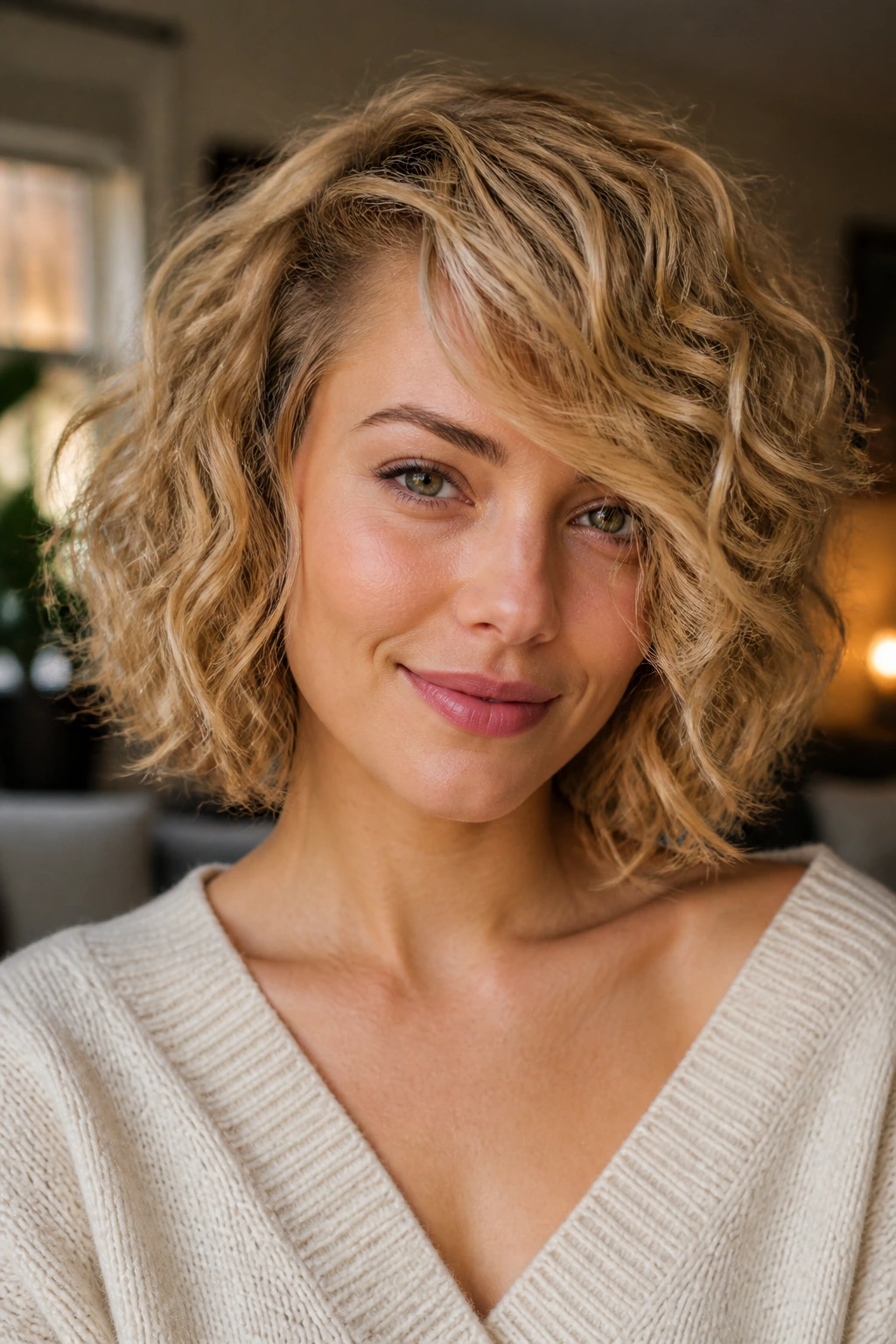 Close-up of a real woman with a honey-blonde curly bob and side-swept fringe in warm window light
