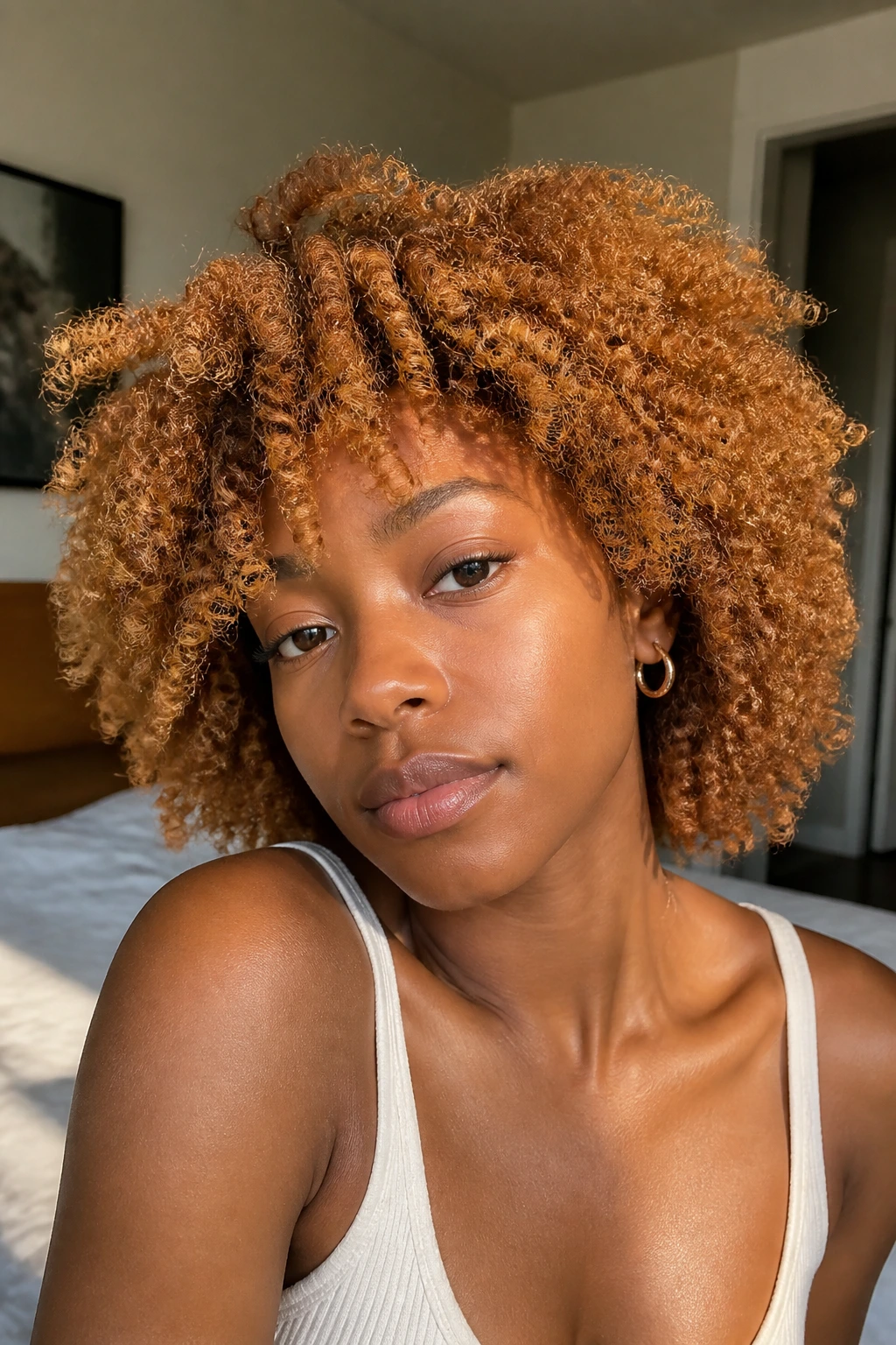Close-up of a real woman with natural curls wearing honey blonde hair in a cozy bedroom