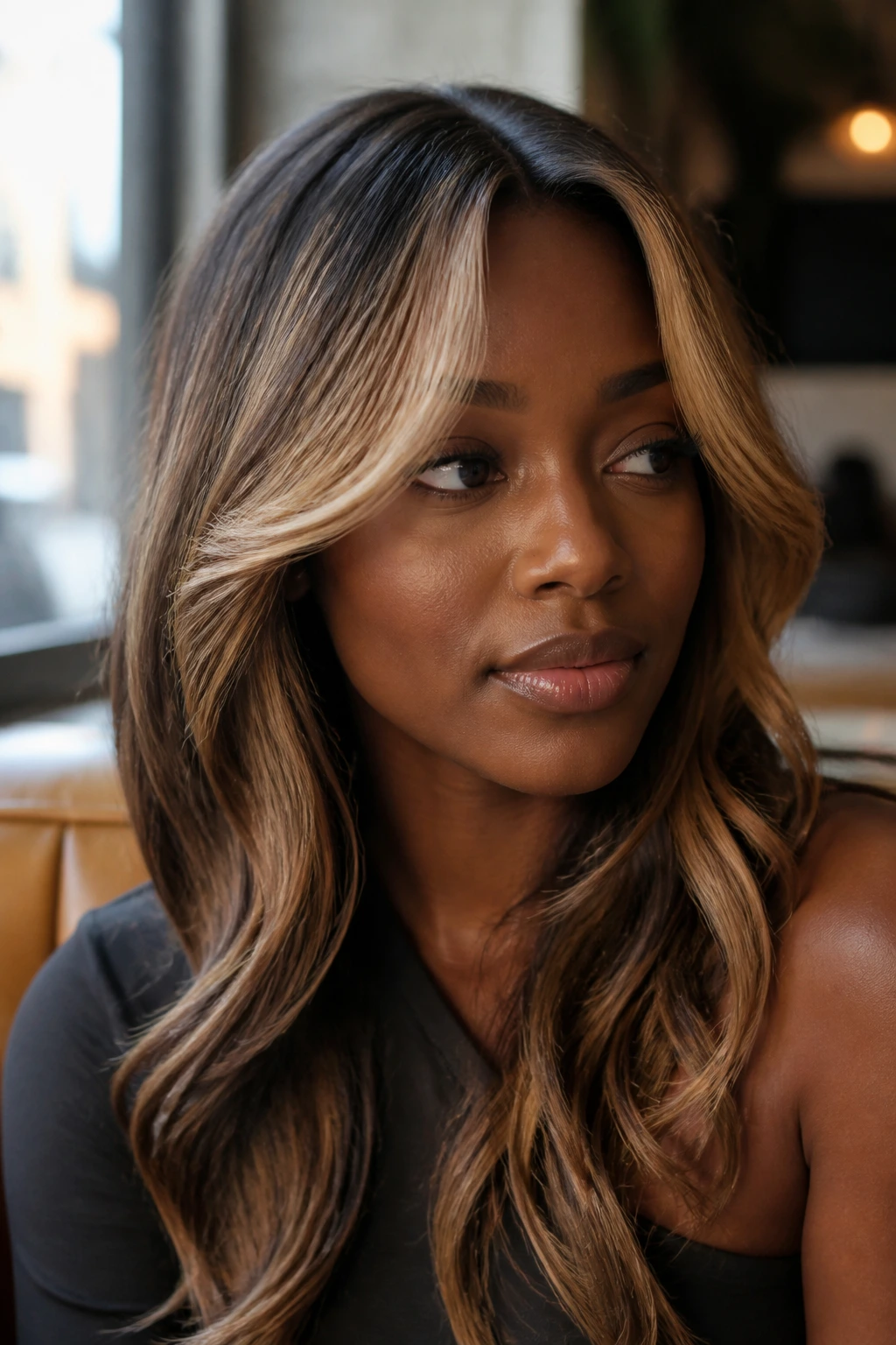 Close-up of a woman with honey blonde curtain fringe framing her face.
