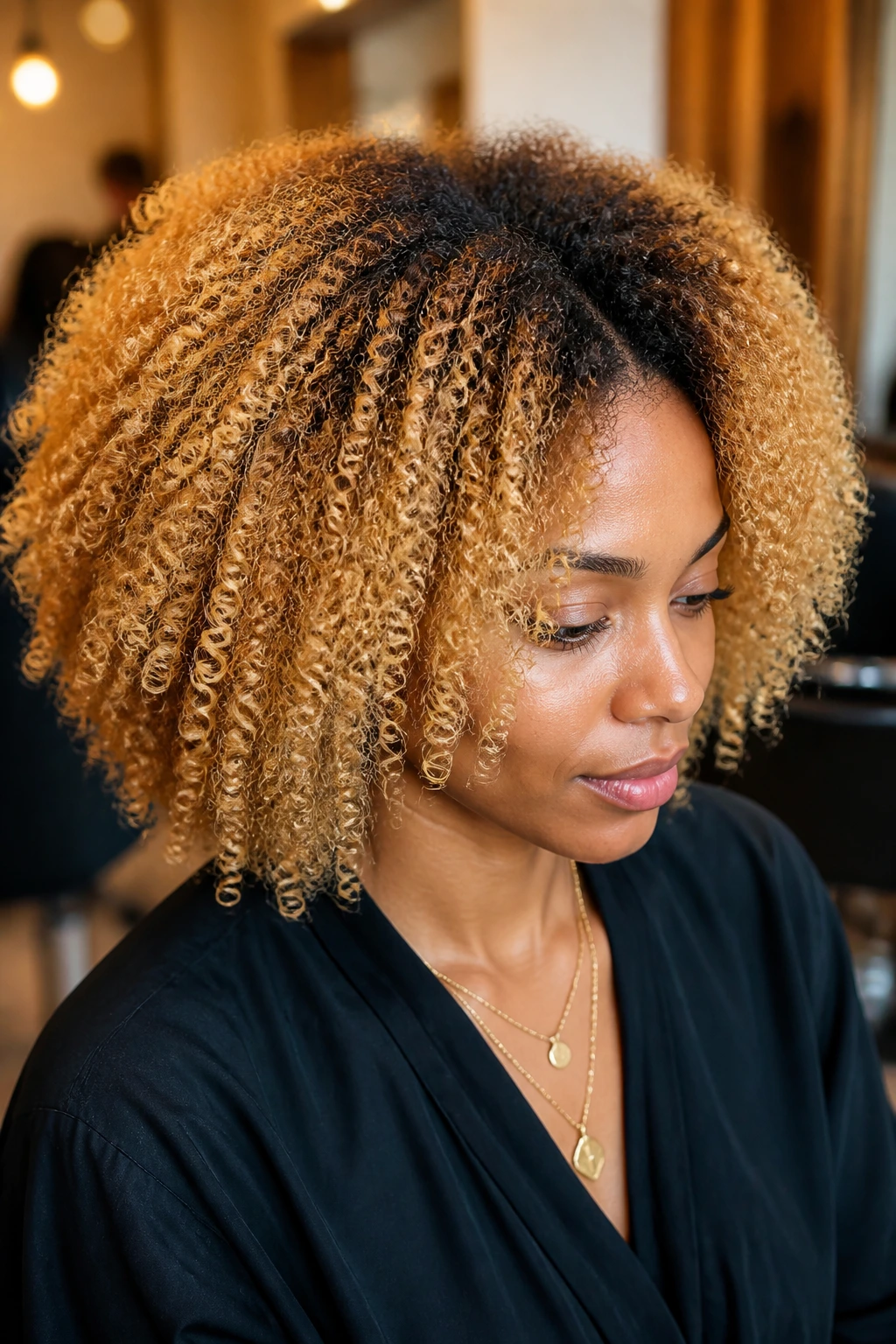 Close-up of a real woman with honey blonde hair and dark roots.