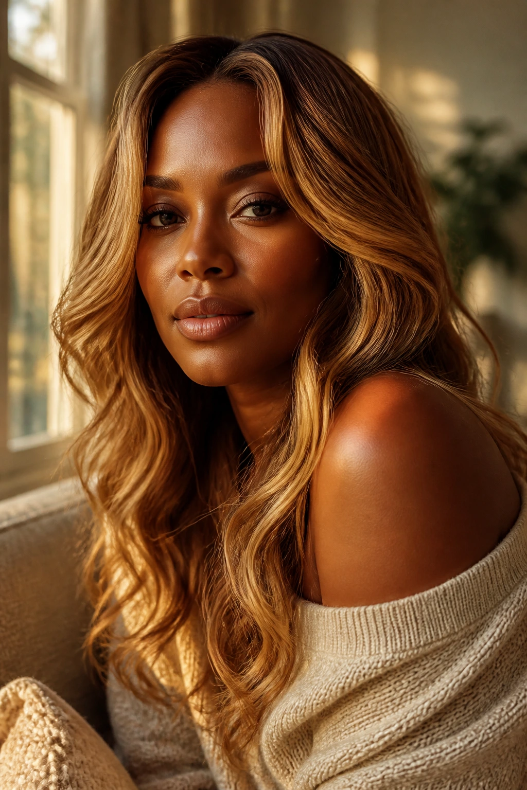Close-up portrait of a deep-skinned woman with rich honey-blonde hair in warm window light