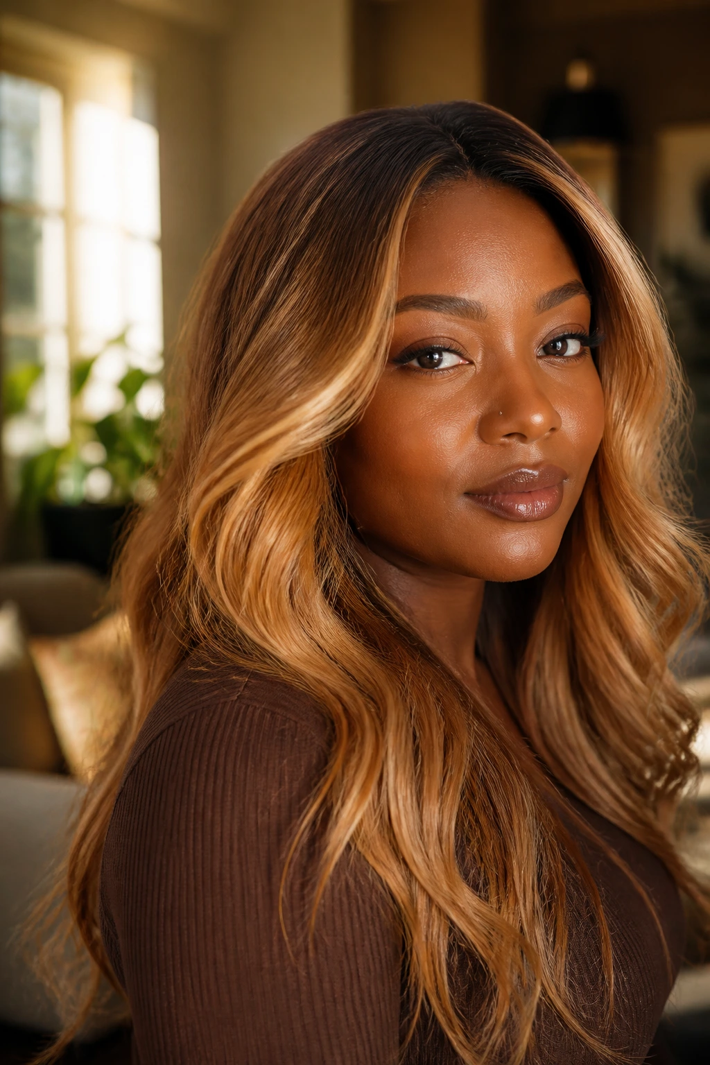 Close-up portrait of a woman with deep skin tone and honey blonde hair framing her face