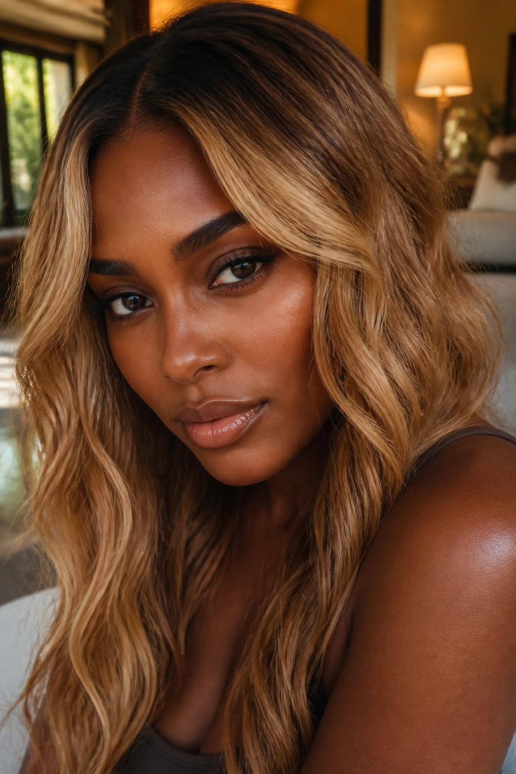 Close-up of deep-skinned person with honey-blonde hair showing depth and warmth.