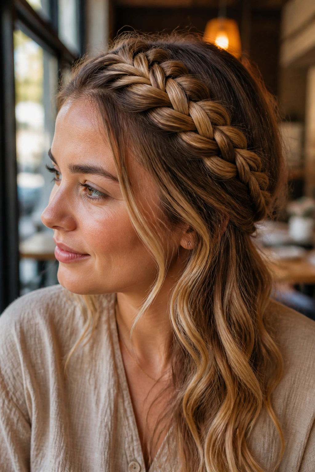 Close-up portrait of a real person with a honey blonde Dutch braid
