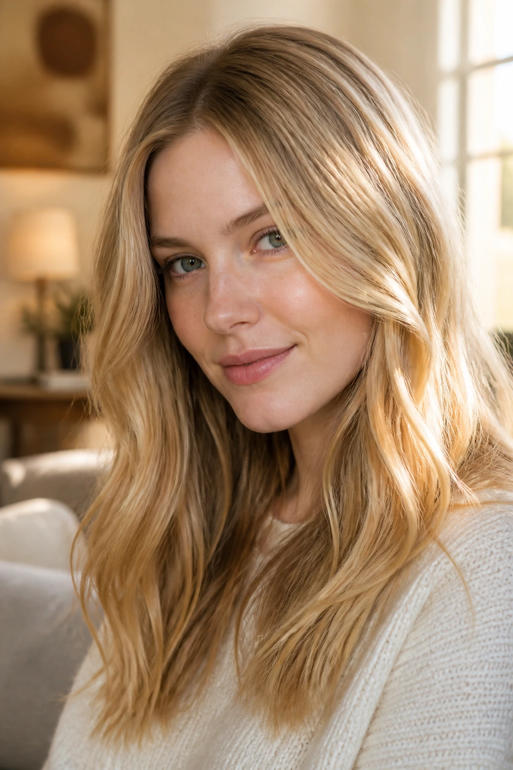 Close-up of pale skin with glossy honey blonde under warm home lighting