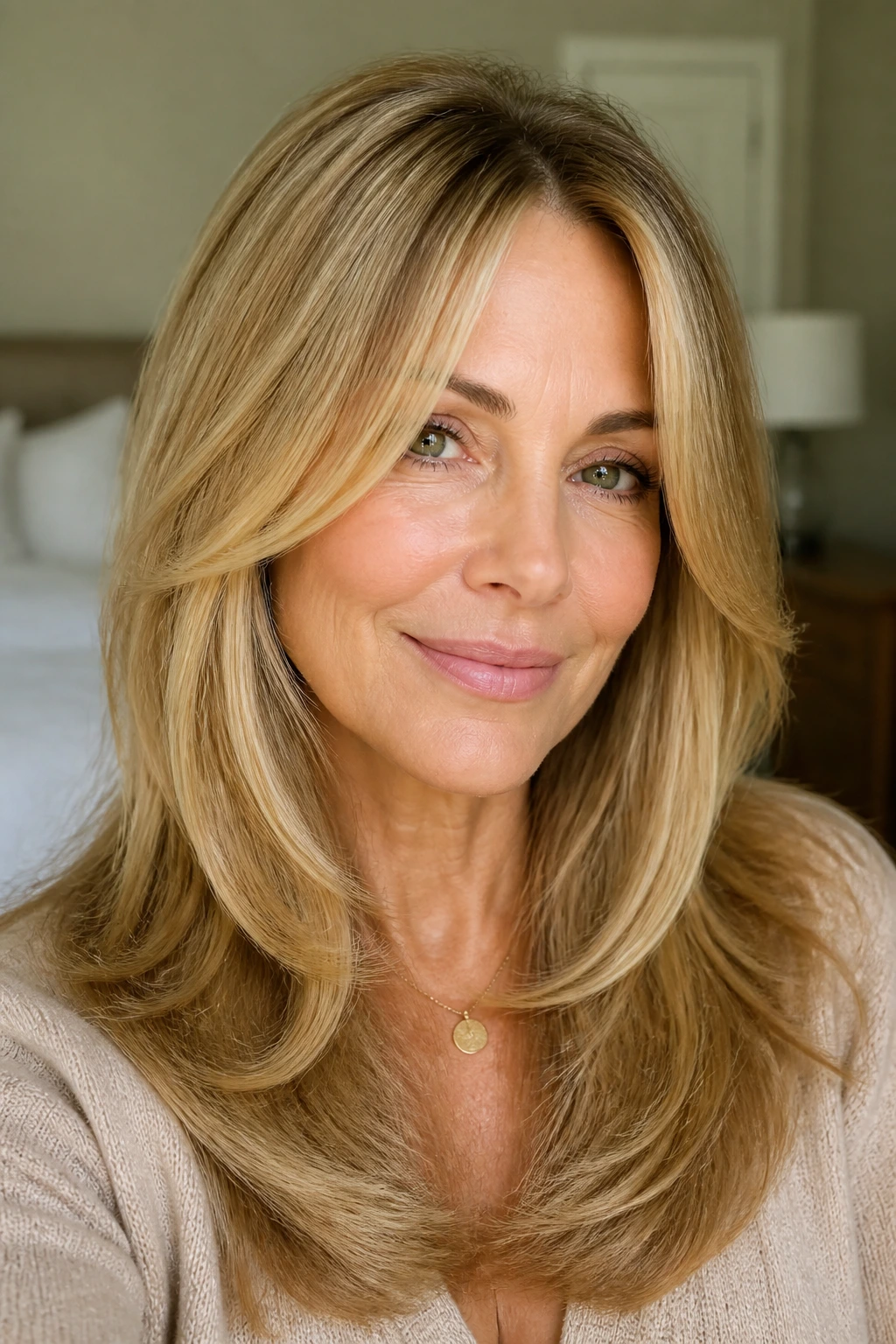 Close-up of a real woman with honey-blonde face-framing layers around the jaw