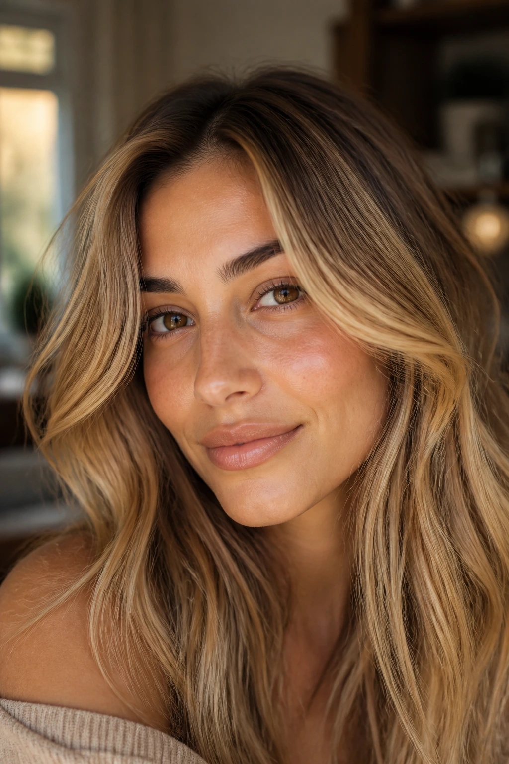 Close up of honey golden hair framing the face on a real person