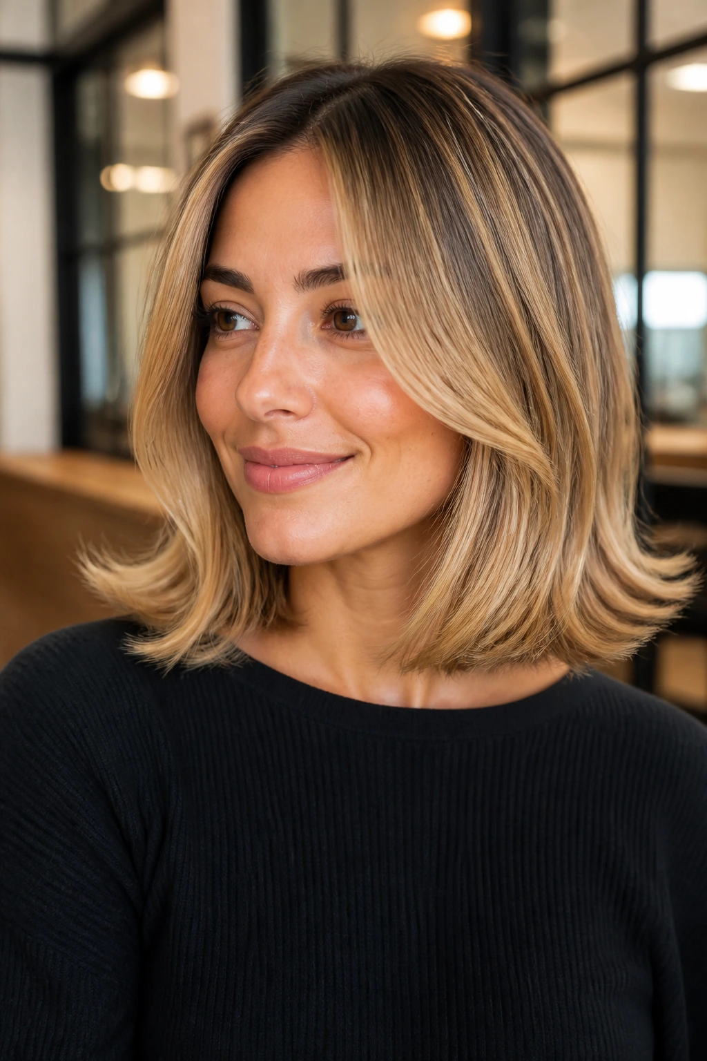 Close-up of real woman with honey blonde flip-out lob in chic setting
