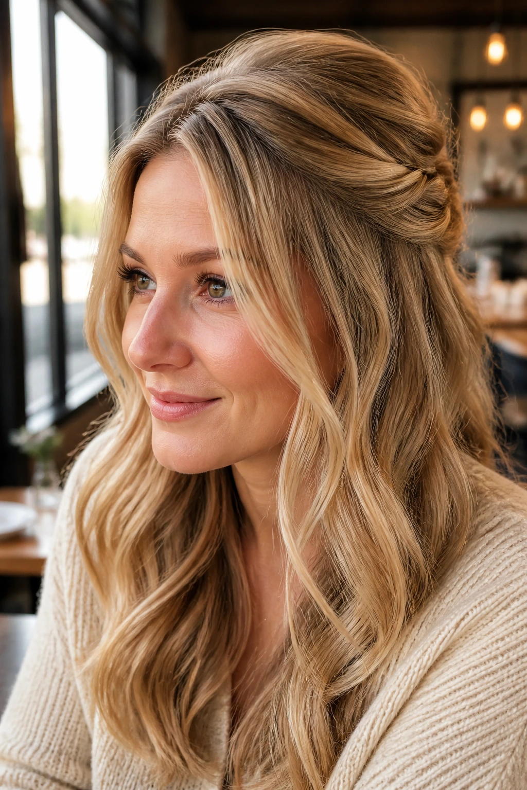 Real woman with honey blonde half-up twist and face-framing pieces.