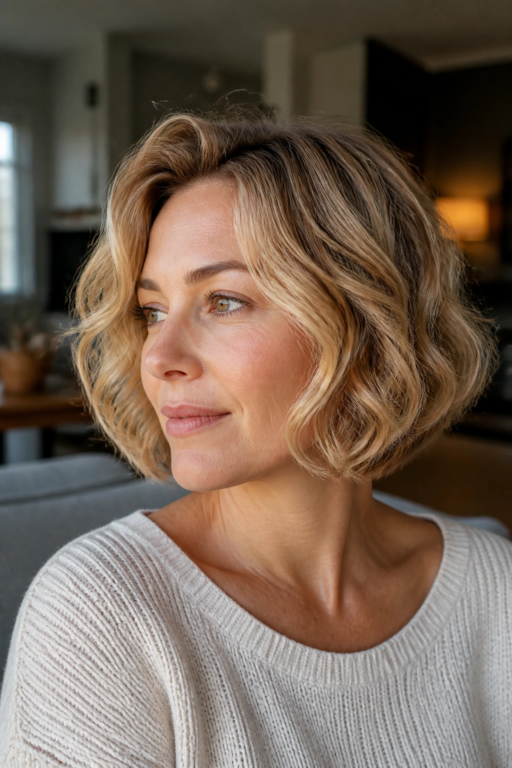 Close-up of a real woman with warm honey blonde bob and jawline-skimming layers in cozy lighting.