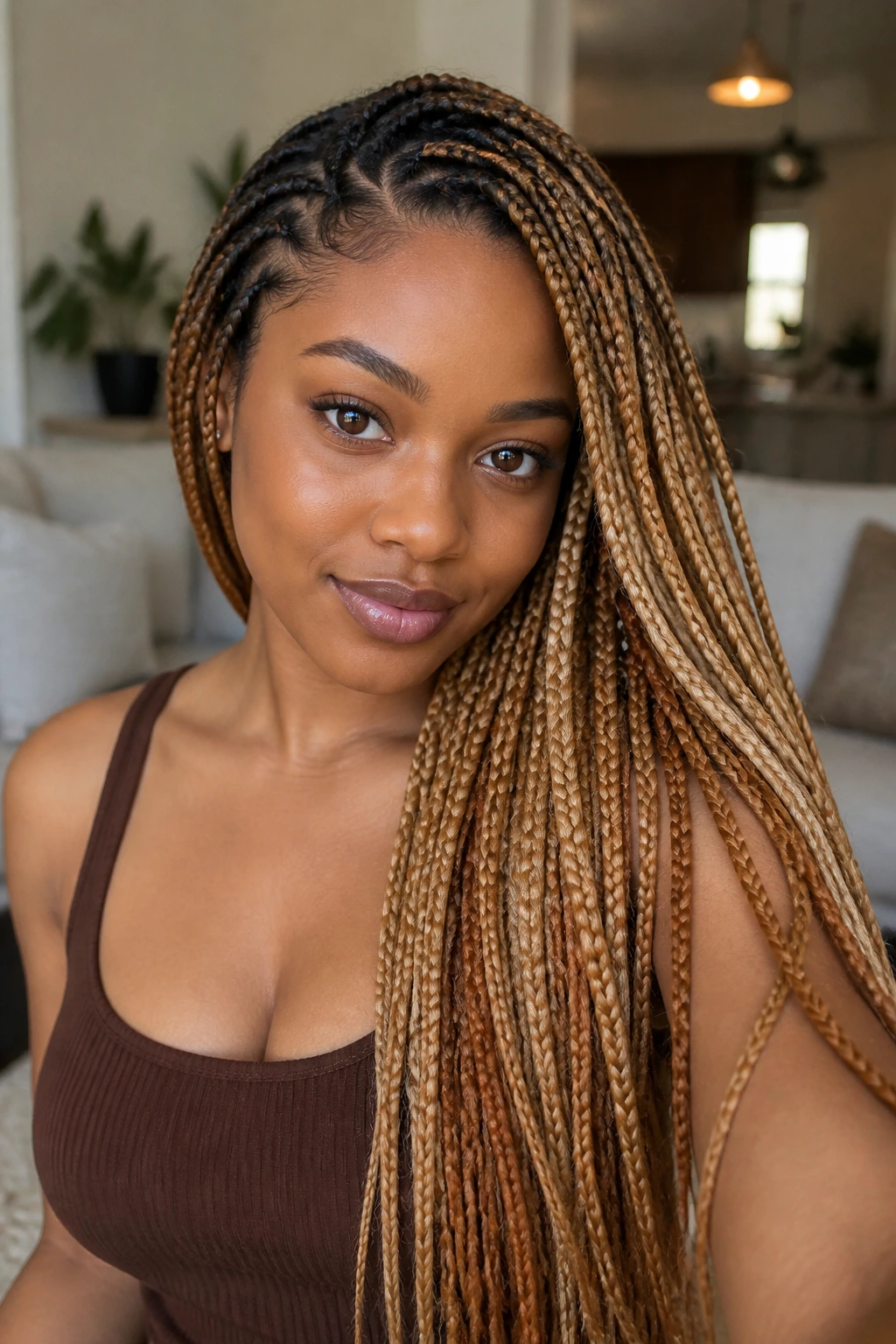 Close-up of a woman with honey blonde knotless braids and warm caramel ends