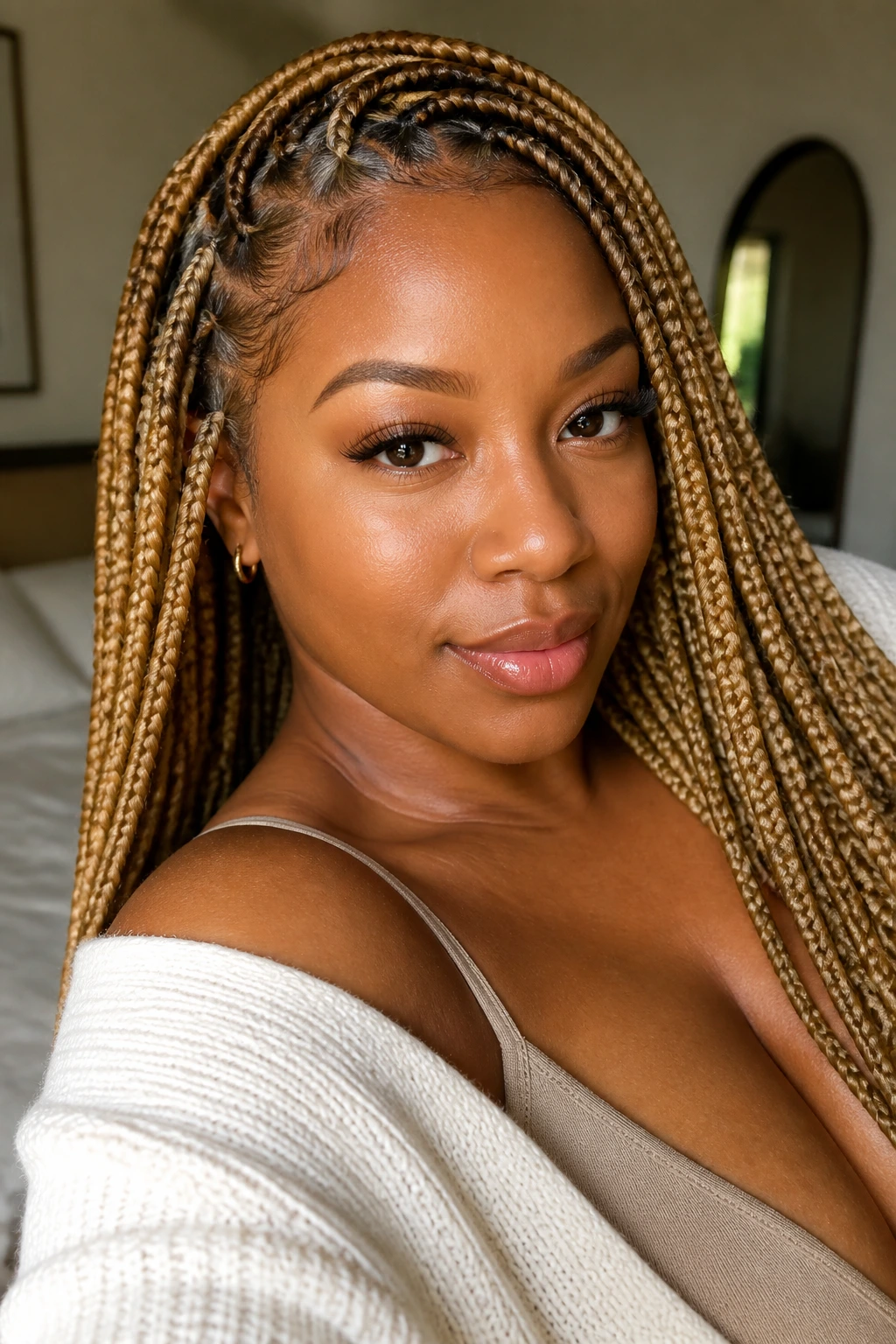 Close-up of a real woman with honey blonde knotless braids on deep skin