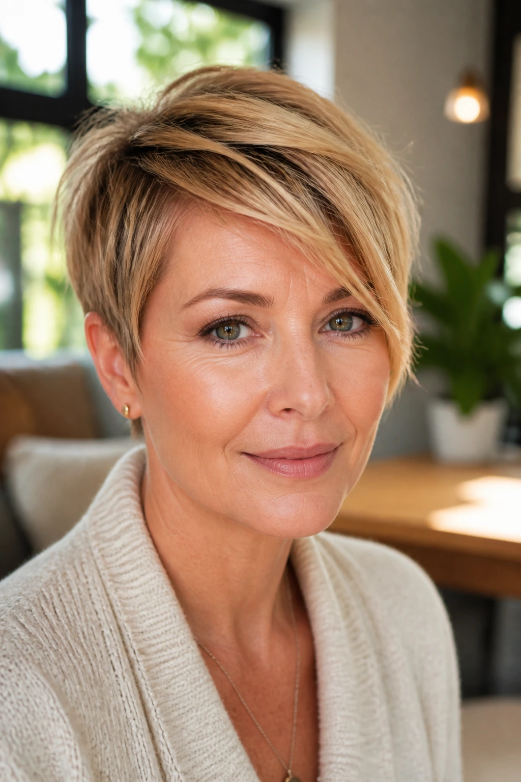 Portrait of a real woman with honey blonde layered pixie.