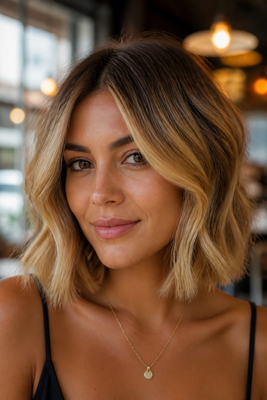 Close-up portrait of a real woman with a buttery honey blonde lob