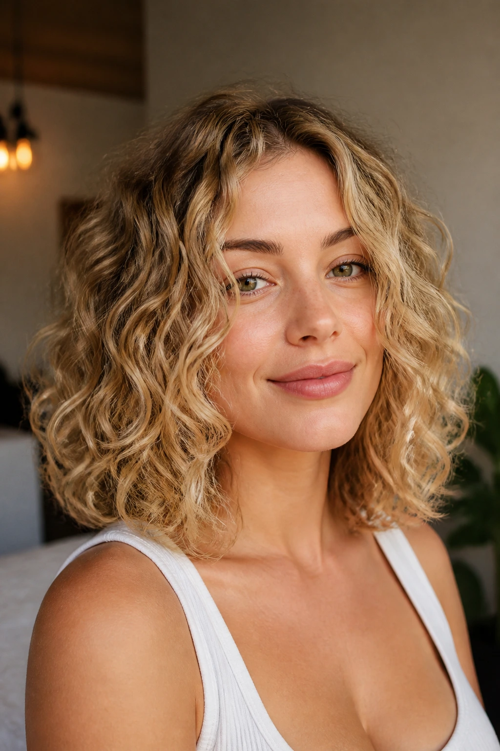 Real woman with honey blonde collarbone lob and spiral ends in warm light
