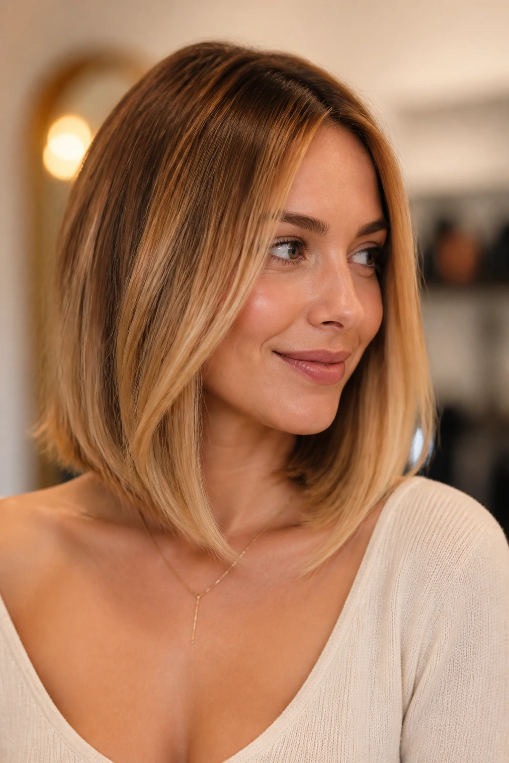 Close-up of real woman with honey-blonde lob and longer front pieces in warm light