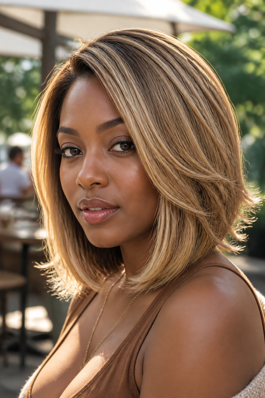 Close-up of a real Black woman with honey-blonde layered lob in warm light