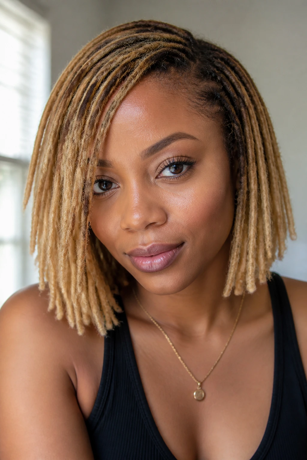 Close-up portrait of a real Black woman with honey-blonde loc bob shoulder-length, blunt ends