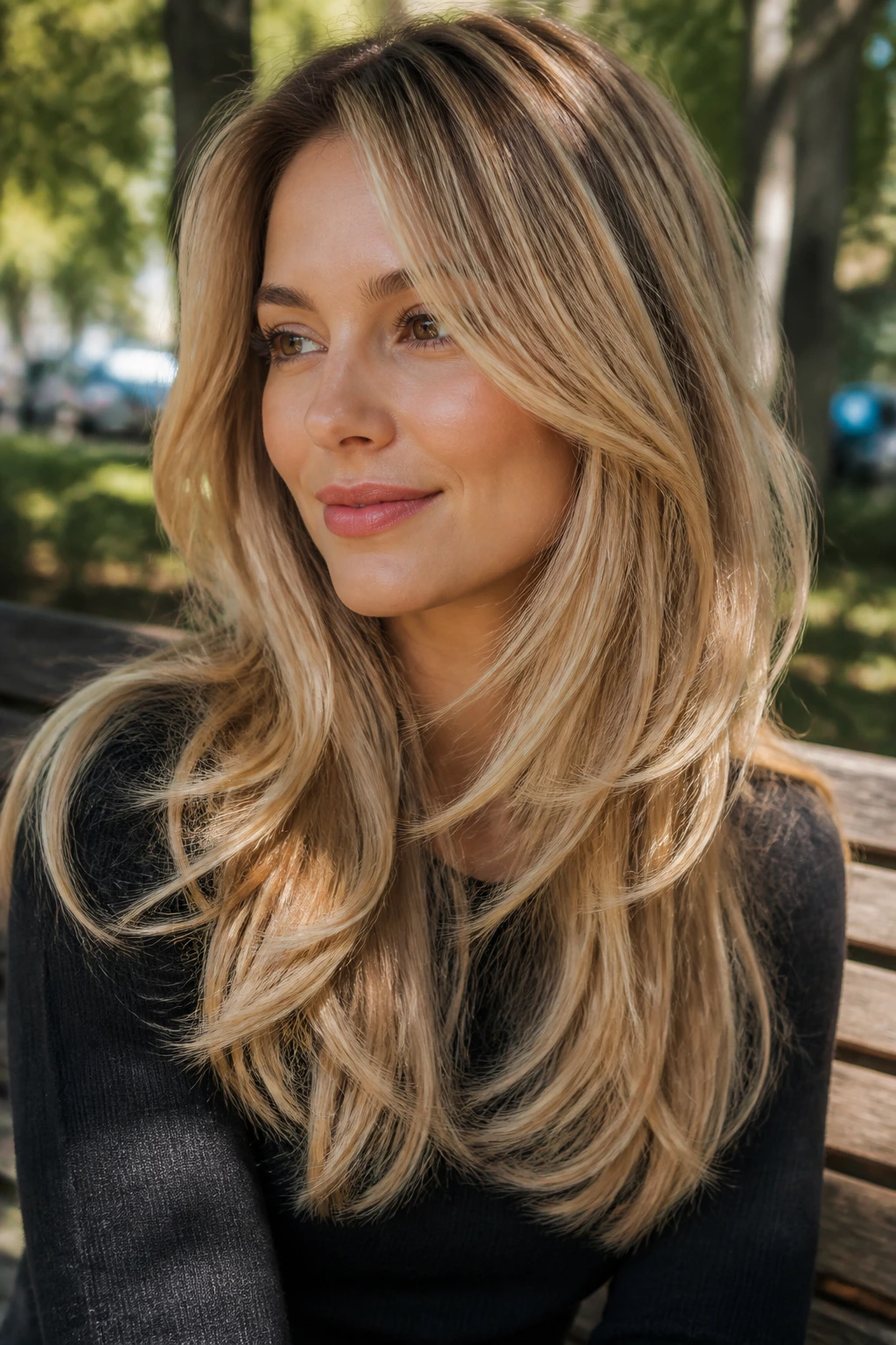 Portrait of a woman with honey blonde long layers in natural light