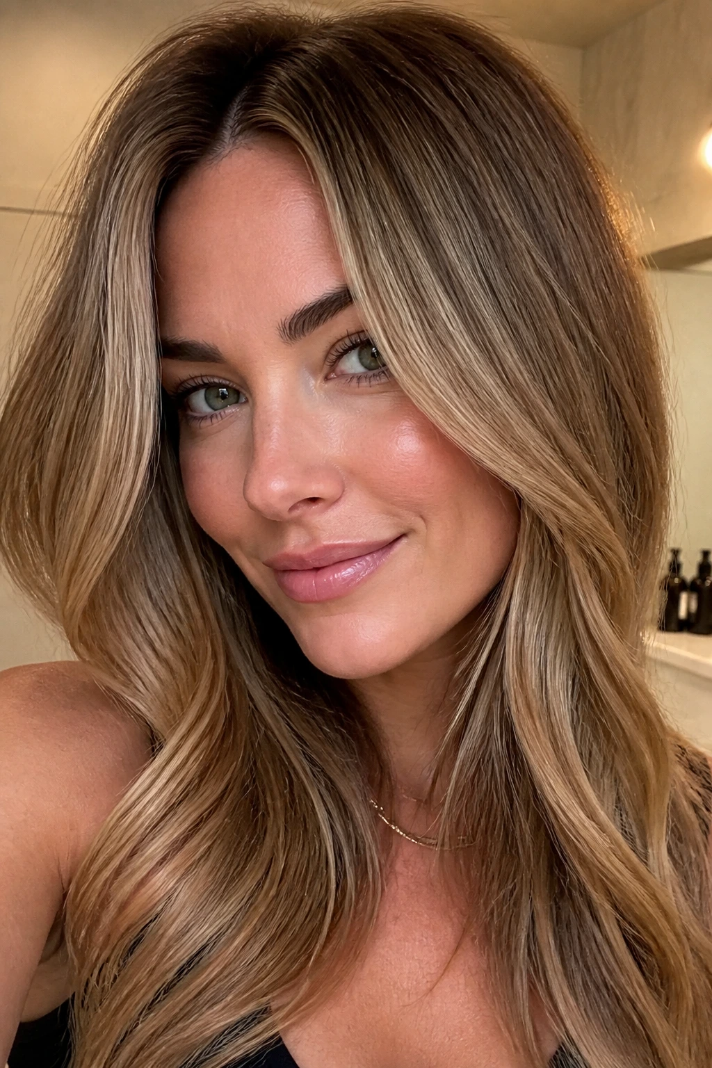 Real person with beige-toned dark honey blonde hair in a bathroom setting
