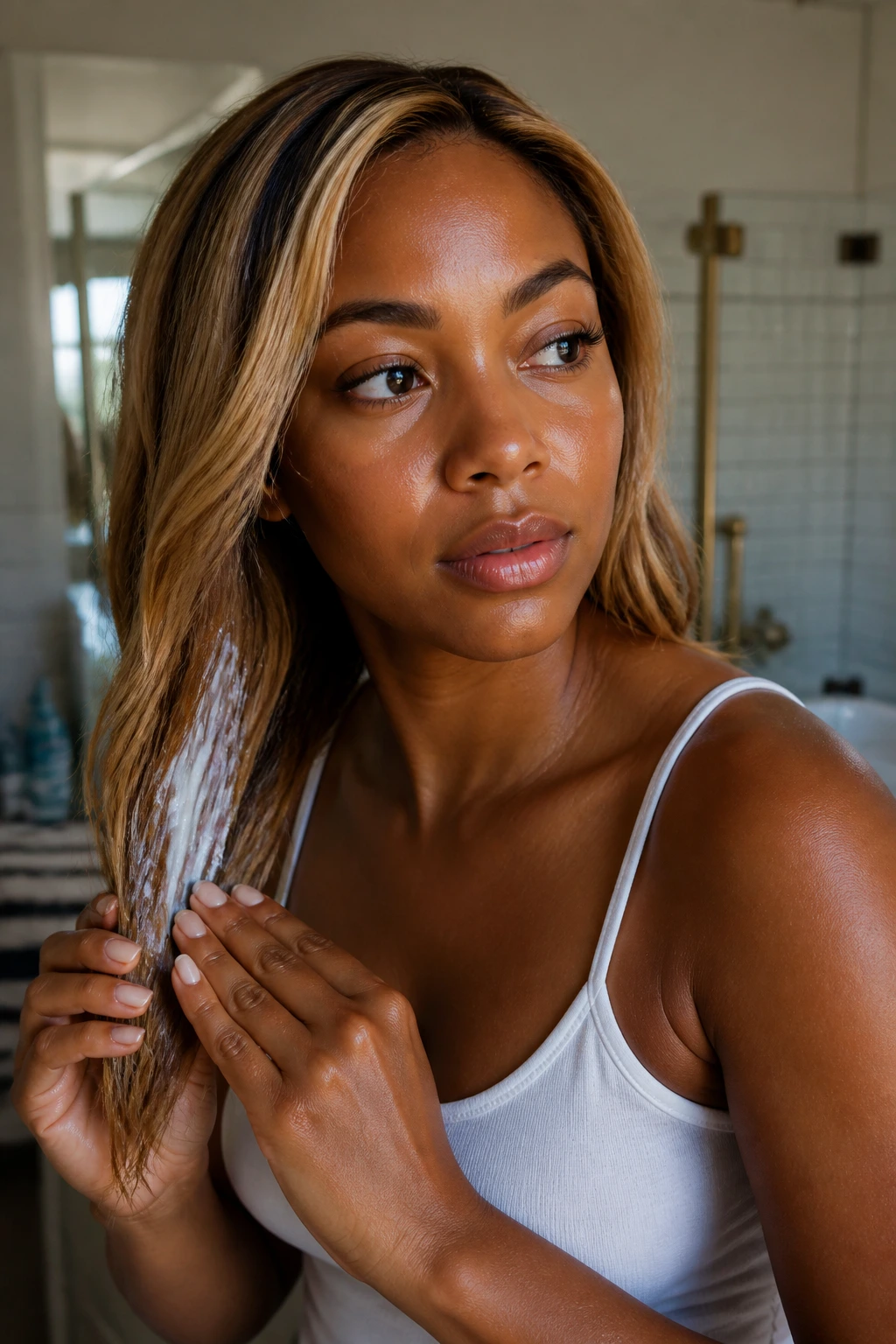 Close-up of a woman applying leave-in conditioner to honey blonde hair