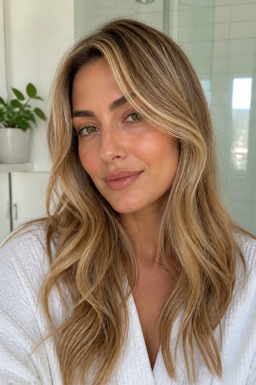 Close up of honey blonde hair with face framing in bright bathroom light