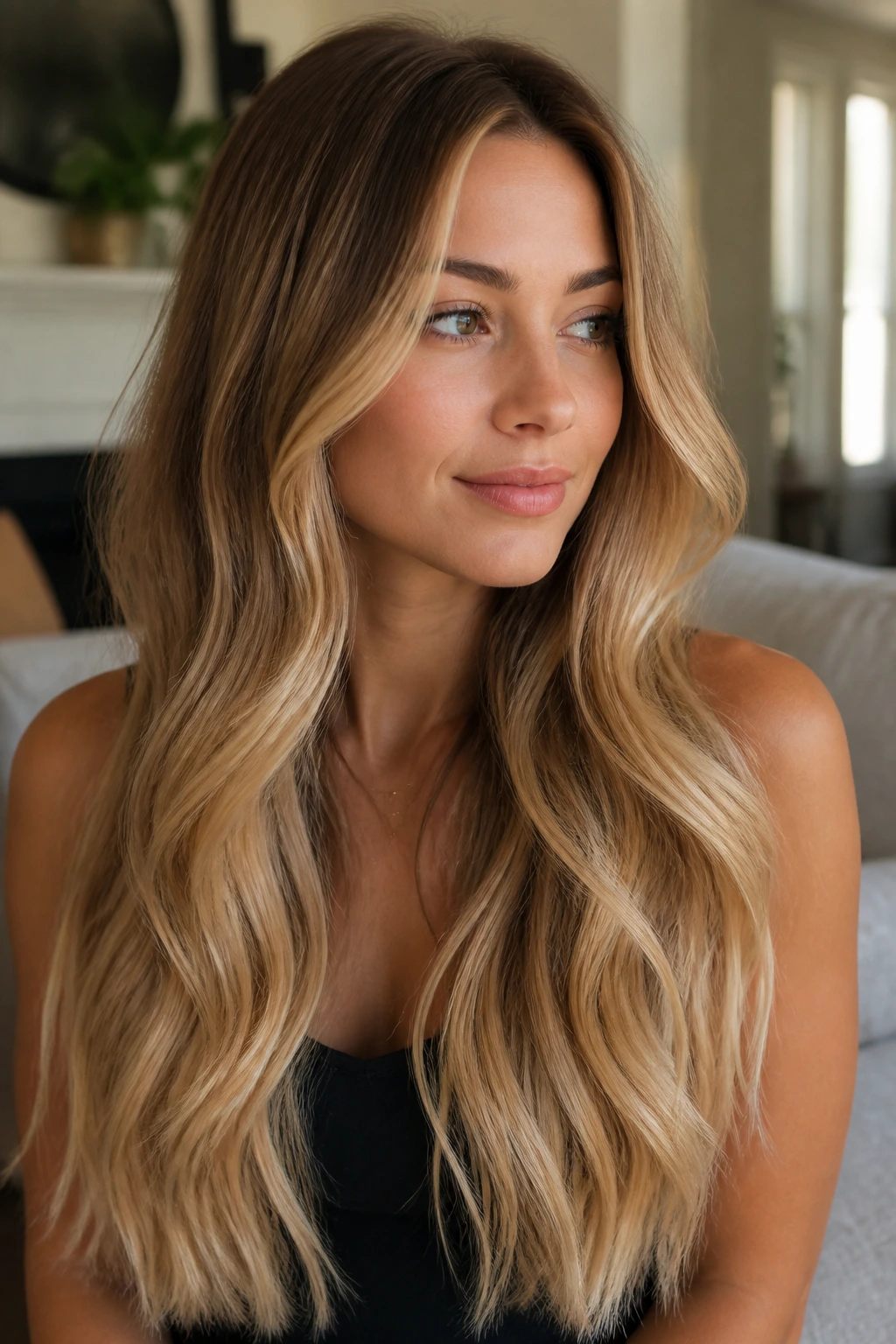 Close-up of a real woman showing a honey blonde root-to-tip melt with warm gradient.