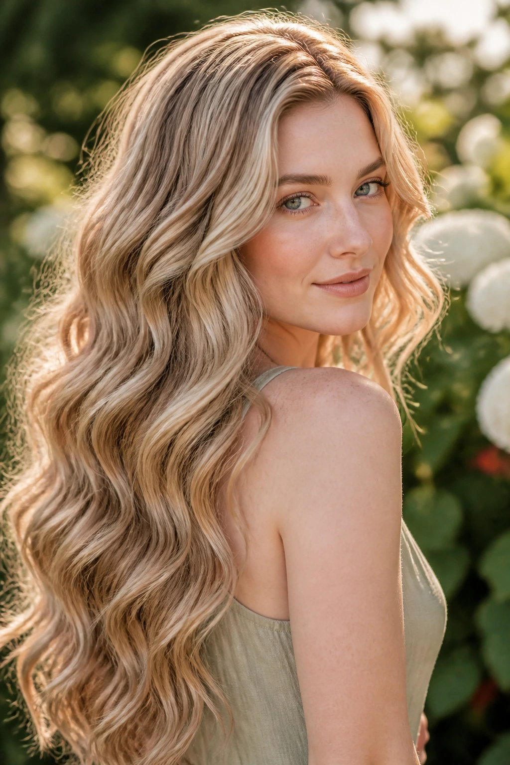 Portrait of honey blonde mermaid waves on pale skin in golden hour light