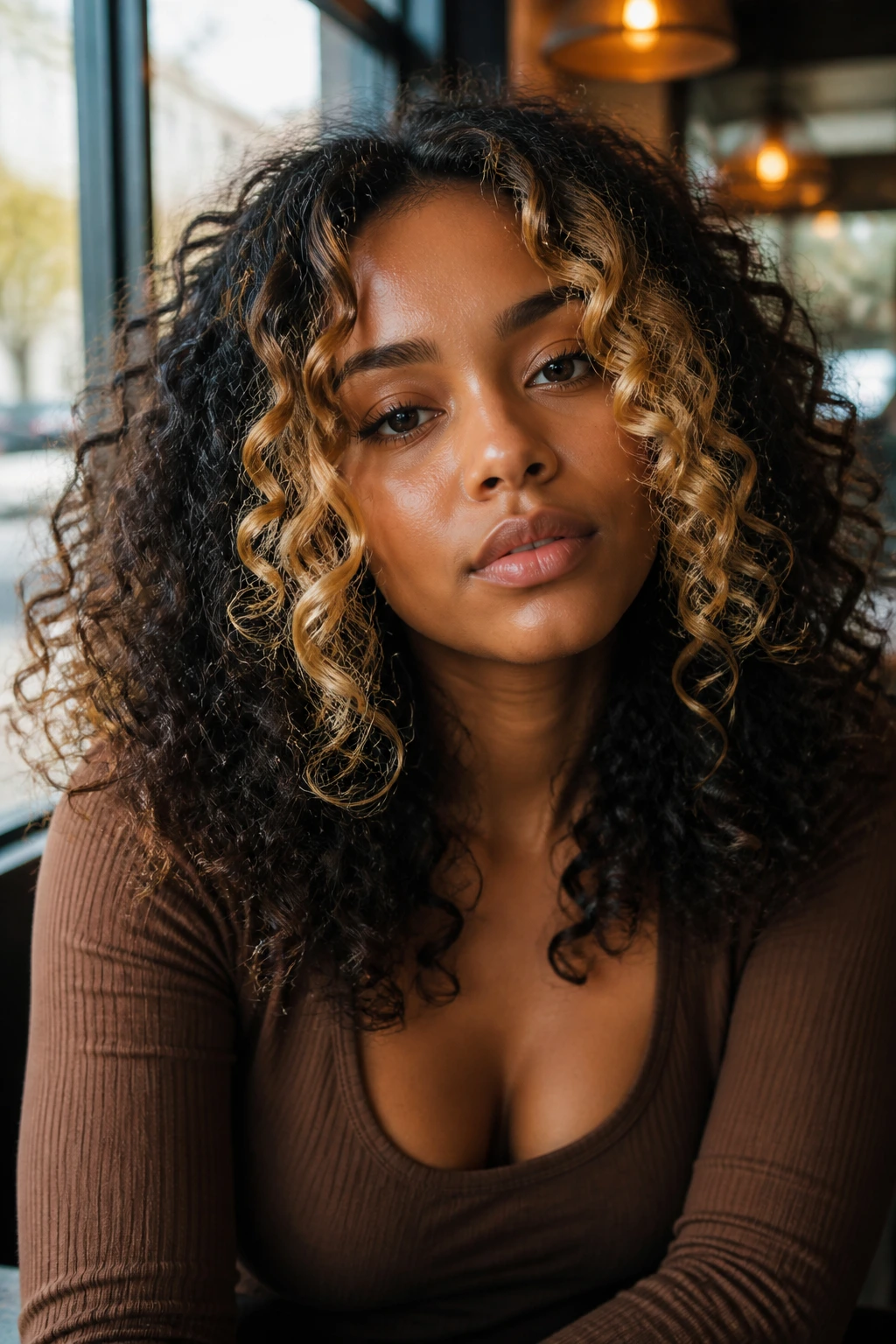 Honey blonde money piece framing the face on curly hair.