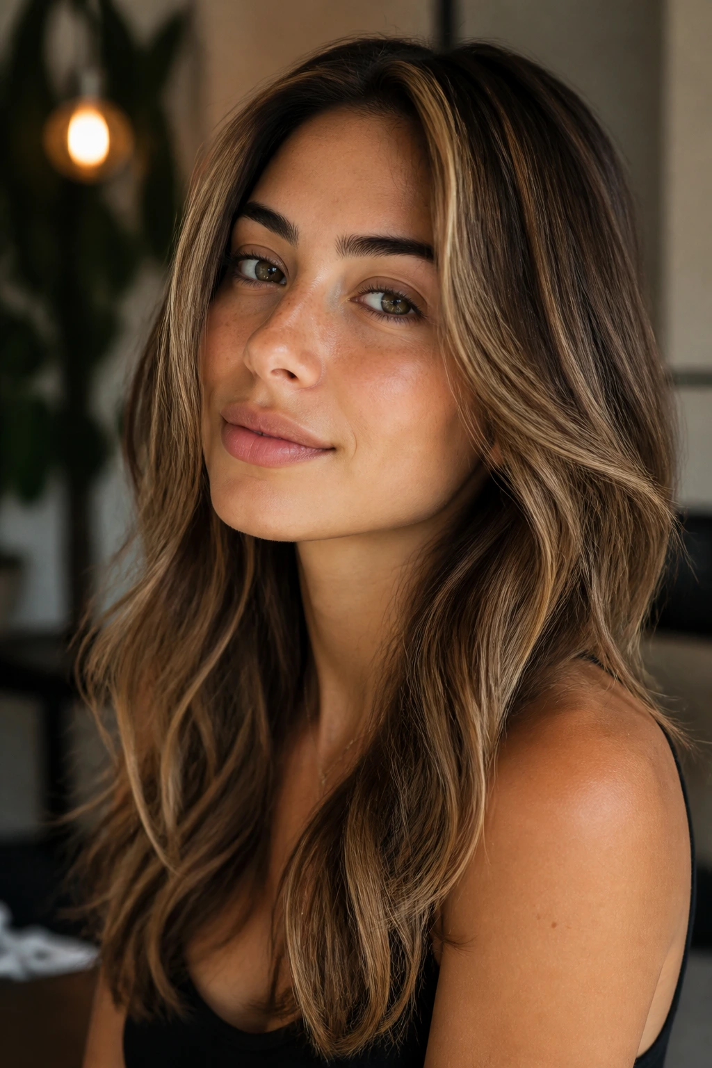 Close-up of a woman with cool olive skin and dark honey blonde highlights blended into the base.